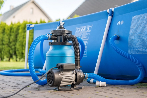 Eine Sandfilteranlage mit Pumpe steht vor einem blauen Aufstellpool.